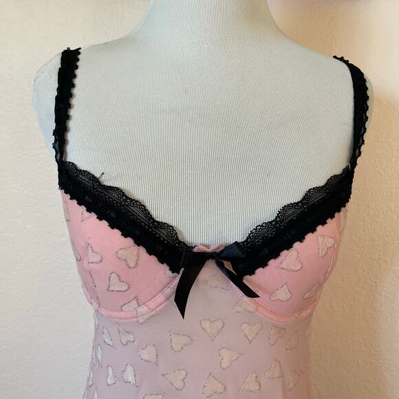 Pink Heart Mesh Babydoll Lingerie Dress Lace Trim Pleated Hem S - Picture 11 of 11